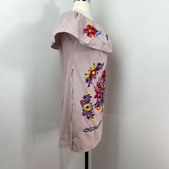 Colorful Floral Embroidered Cotton Dress S/M Flounce Collar Boho Peasant Ethnic - Picture 10 of 12